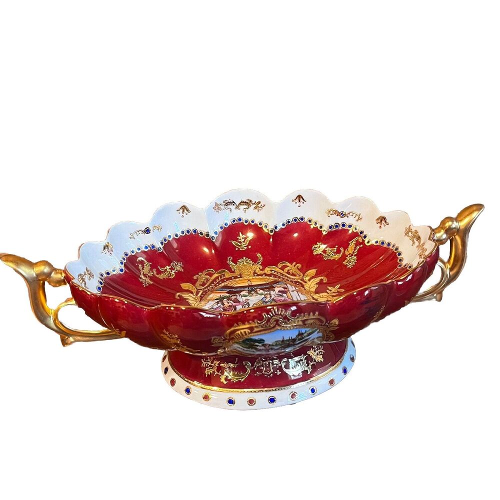 Vintage Sevres Style Porcelain Serving Bowl Hand Painted Scenes Gold Gilding Art